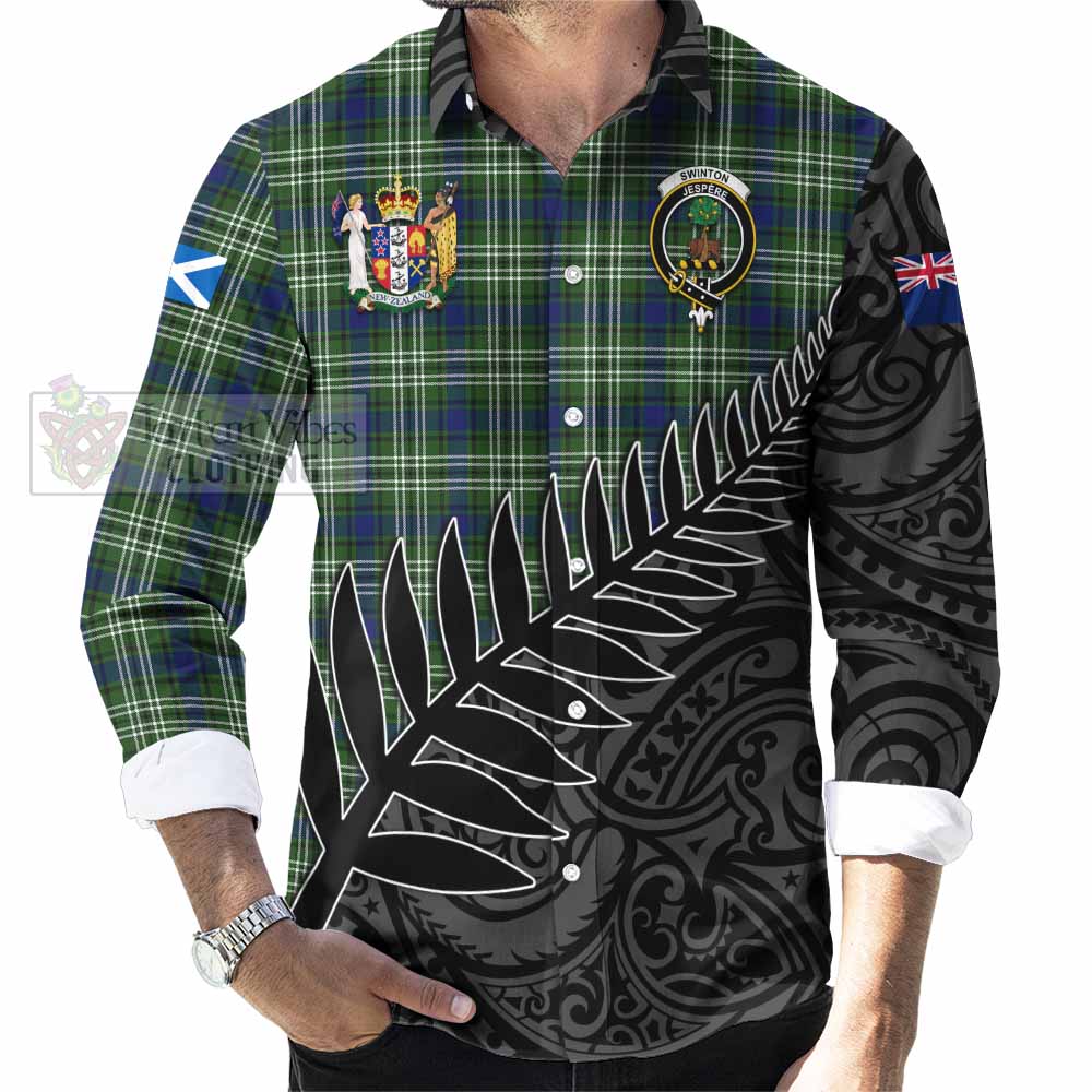 Swinton Crest Tartan Long Sleeve Button Shirt with New Zealand Silver Fern Half Style - Tartan Vibes Clothing