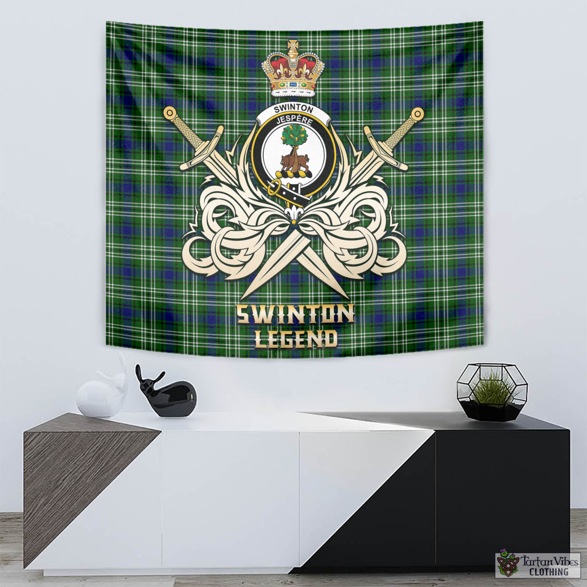 Tartan Vibes Clothing Swinton Tartan Tapestry with Clan Crest and the Golden Sword of Courageous Legacy