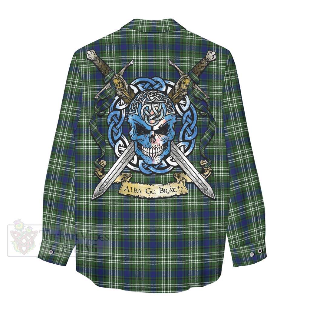 Swinton Tartan Women's Casual Shirt with Family Crest Celtic Skull Style - Tartan Vibes Clothing