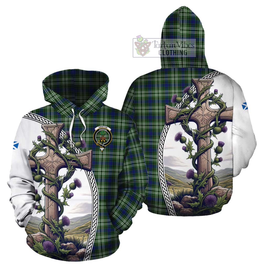 Tartan Vibes Clothing Swinton Tartan Cotton Hoodie with Family Crest and St. Andrew's Cross Accented by Thistle Vines