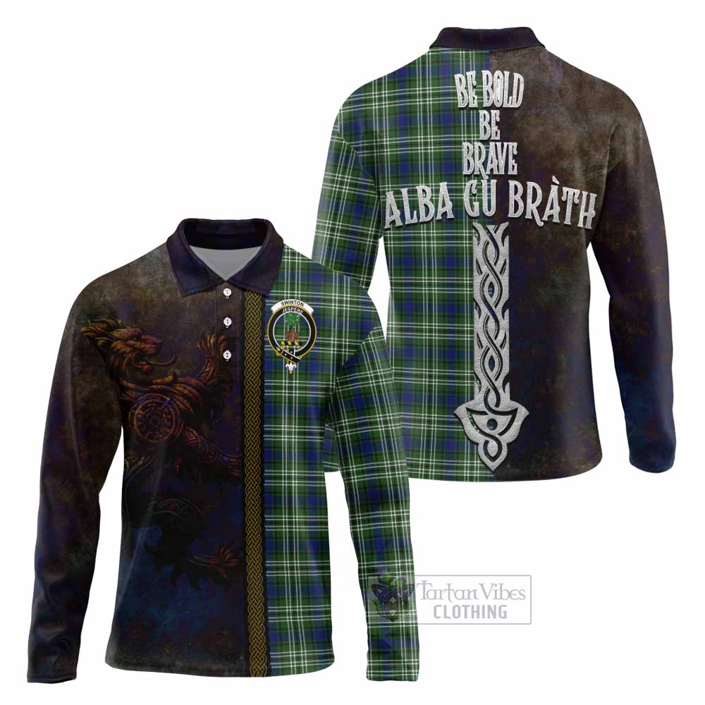 Tartan Vibes Clothing Swinton Tartan Family Crest Long Sleeve Polo Shirt Alba Gu Brath Be Brave Lion Ancient Style