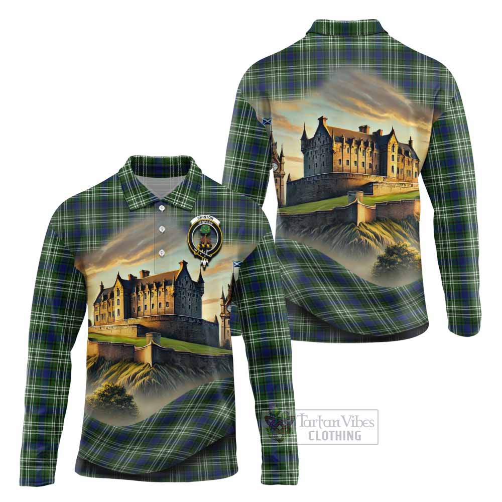 Swinton Tartan Family Crest Long Sleeve Polo Shirt with Scottish Ancient Castle Style - Tartan Vibes Clothing