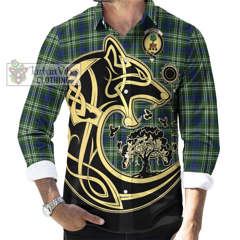 Swinton Tartan Long Sleeve Button Shirt with Family Crest Celtic Wolf Style - Tartan Vibes Clothing