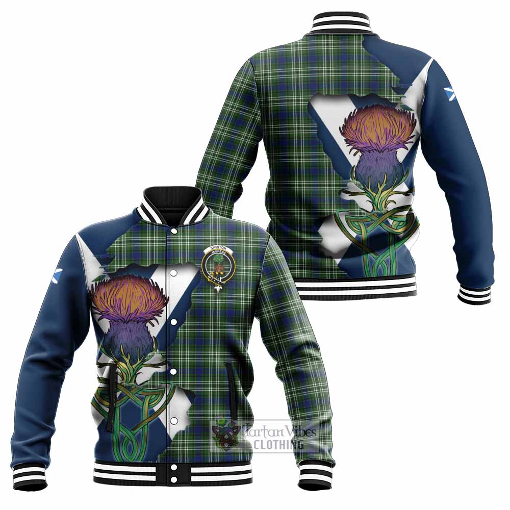 Tartan Vibes Clothing Swinton Tartan Family Crest Baseball Jacket Scottish Thistle Celtic Inspired