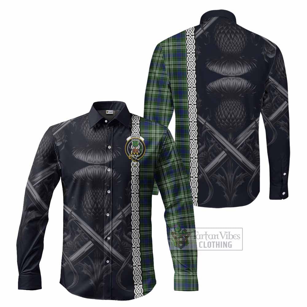 Tartan Vibes Clothing Swinton Tartan Long Sleeve Button Shirt with Family Crest Cross Sword Thistle Celtic Vibes