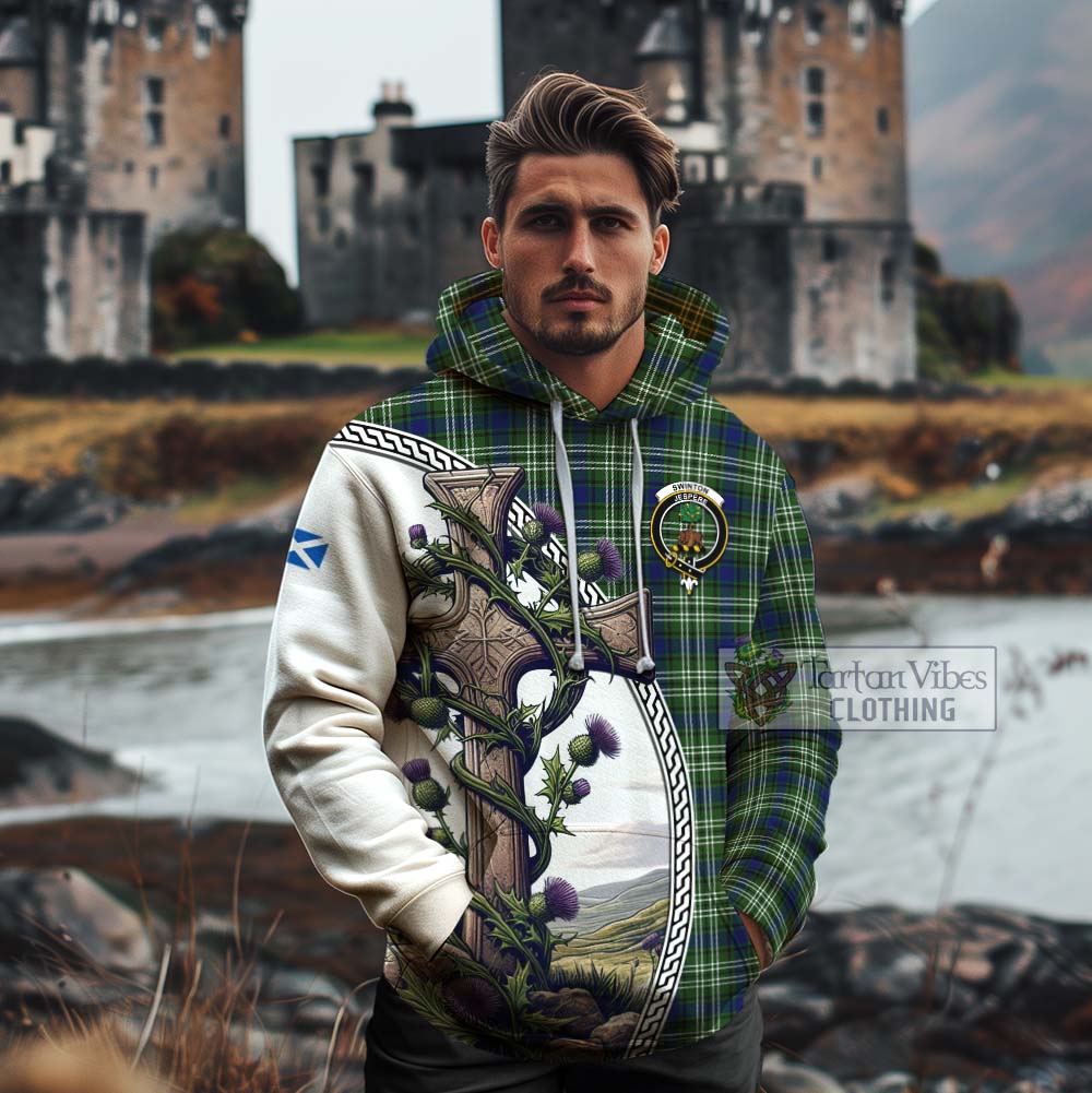 Tartan Vibes Clothing Swinton Tartan Cotton Hoodie with Family Crest and St. Andrew's Cross Accented by Thistle Vines