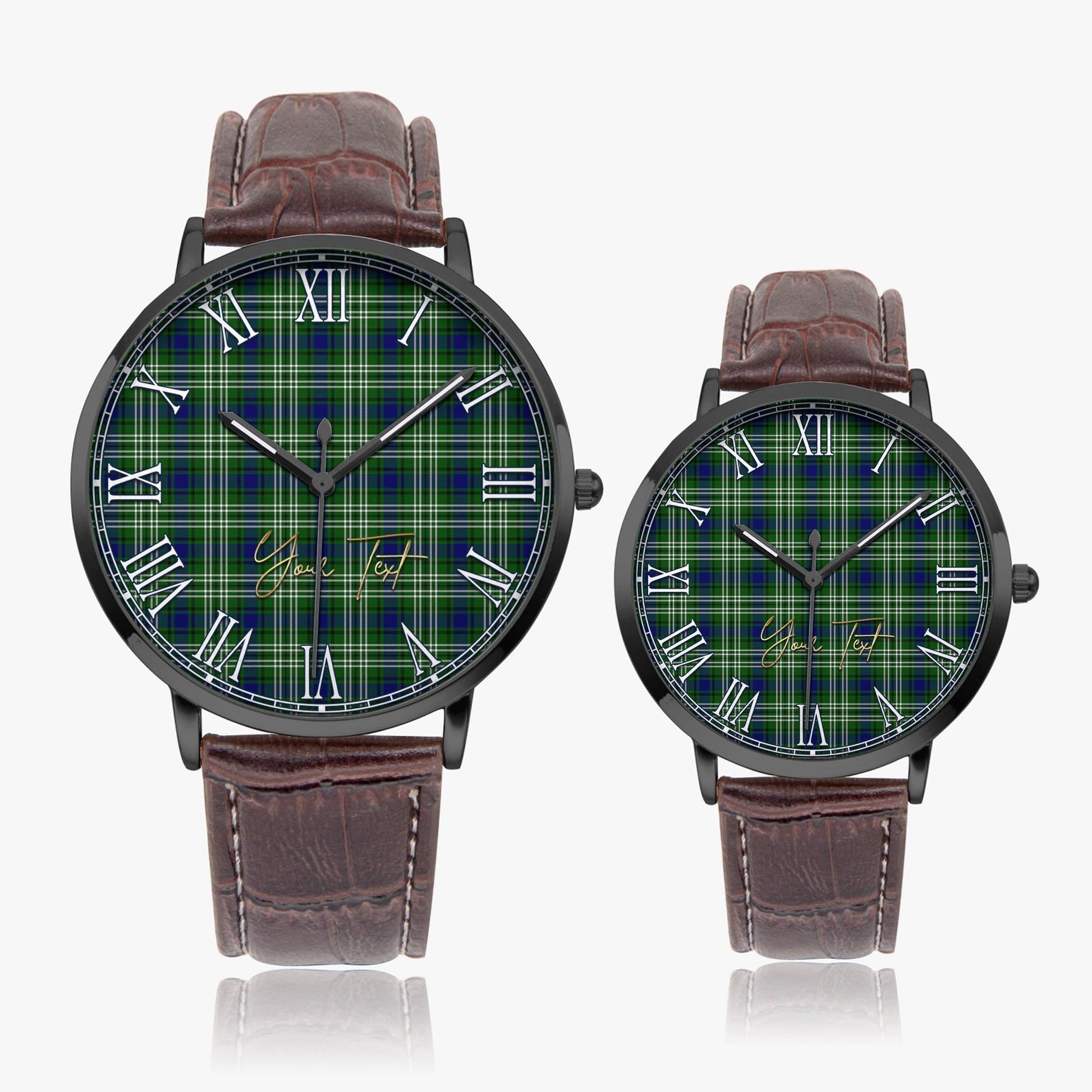 Swinton Tartan Personalized Your Text Leather Trap Quartz Watch Ultra Thin Black Case With Brown Leather Strap - Tartanvibesclothing Shop