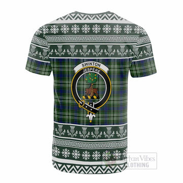 Swinton Clan Tartan Christmas Cotton T-shirt with Family Crest - Tartan Vibes Clothing