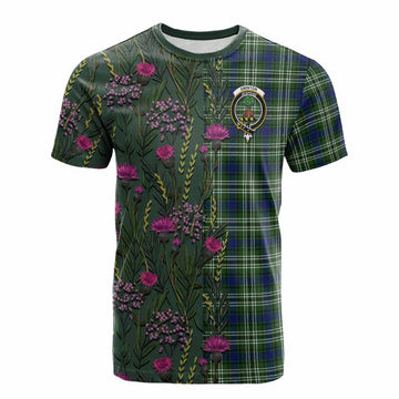 Swinton Family Crest Tartan Cotton T-shirt Scottish Thistle Flower Pattern Half Style - Tartan Vibes Clothing