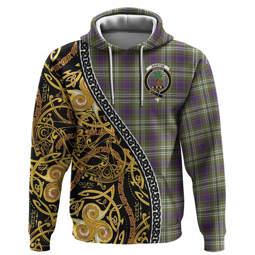 Swinton Tartan Crest Hoodie Celtic Knot and Triple Trickle Spiral Symbols