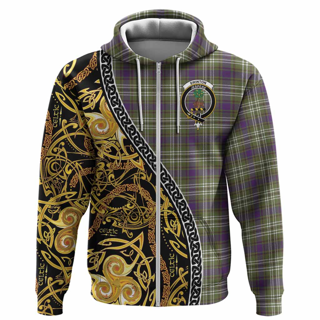 Swinton Tartan Crest Hoodie Celtic Knot and Triple Trickle Spiral Symbols