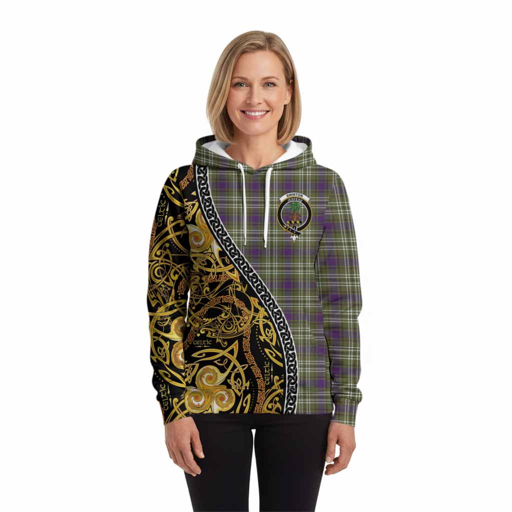 Swinton Tartan Crest Hoodie Celtic Knot and Triple Trickle Spiral Symbols