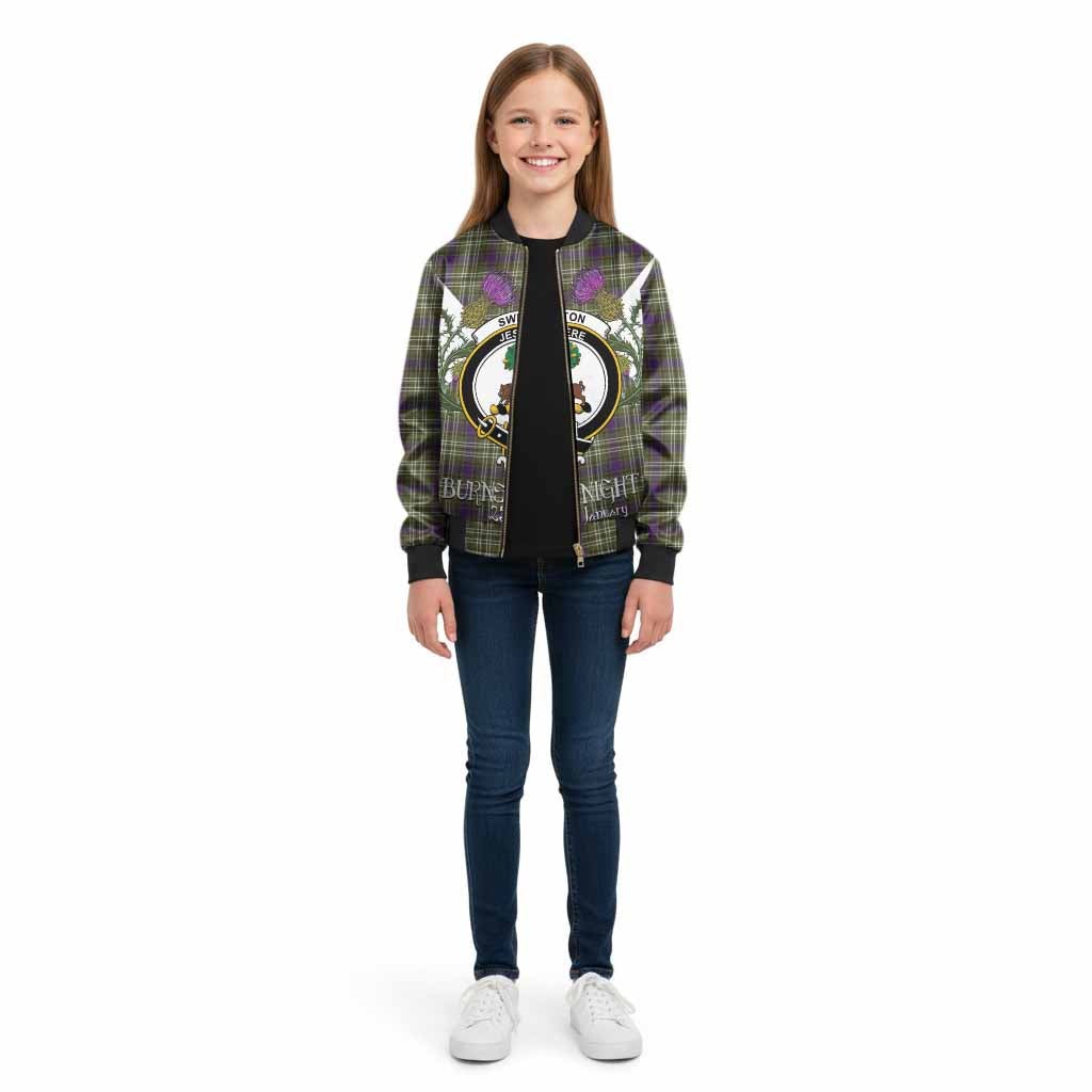 Swinton Tartan Family Crest Kid Bomber Jacket Scottish Burns Night Thistle Floral