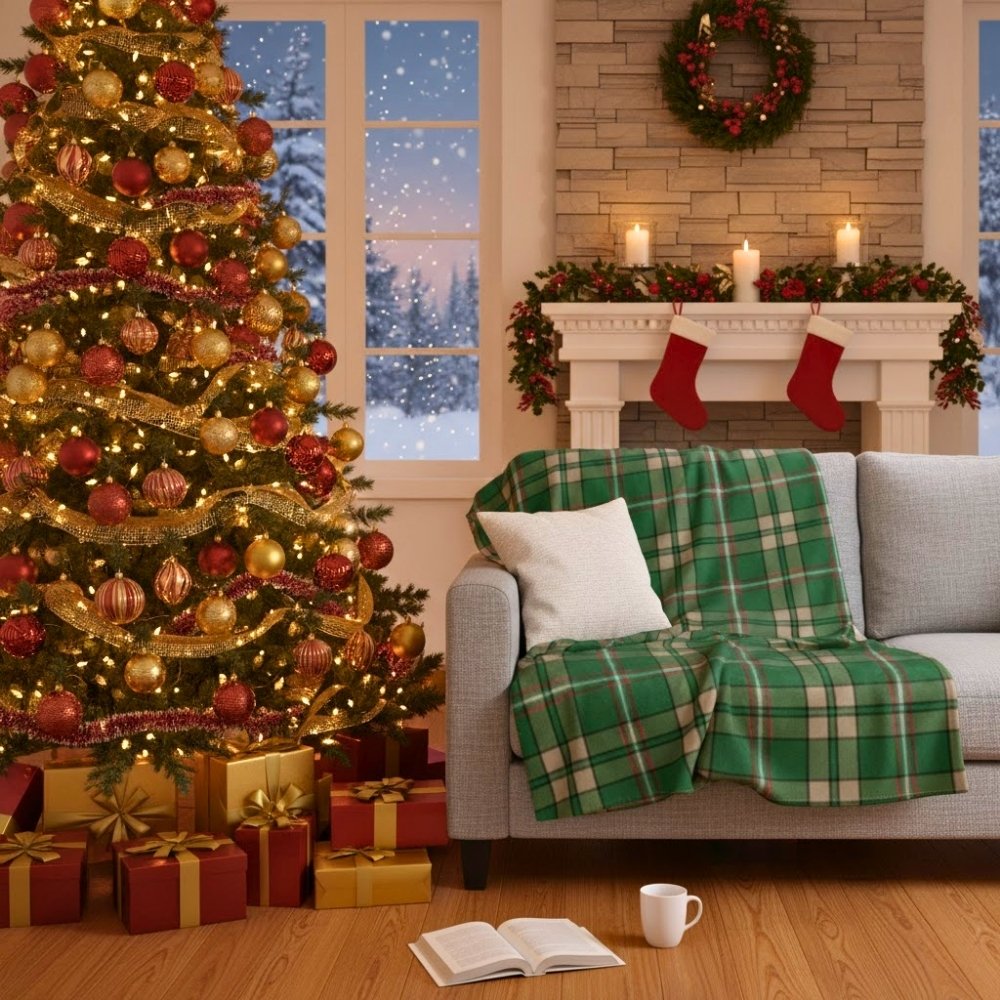 Cozy living room with a red and gold Christmas tree, fireplace with stockings, and green plaid blanket on the sofa, glowing with holiday warmth.