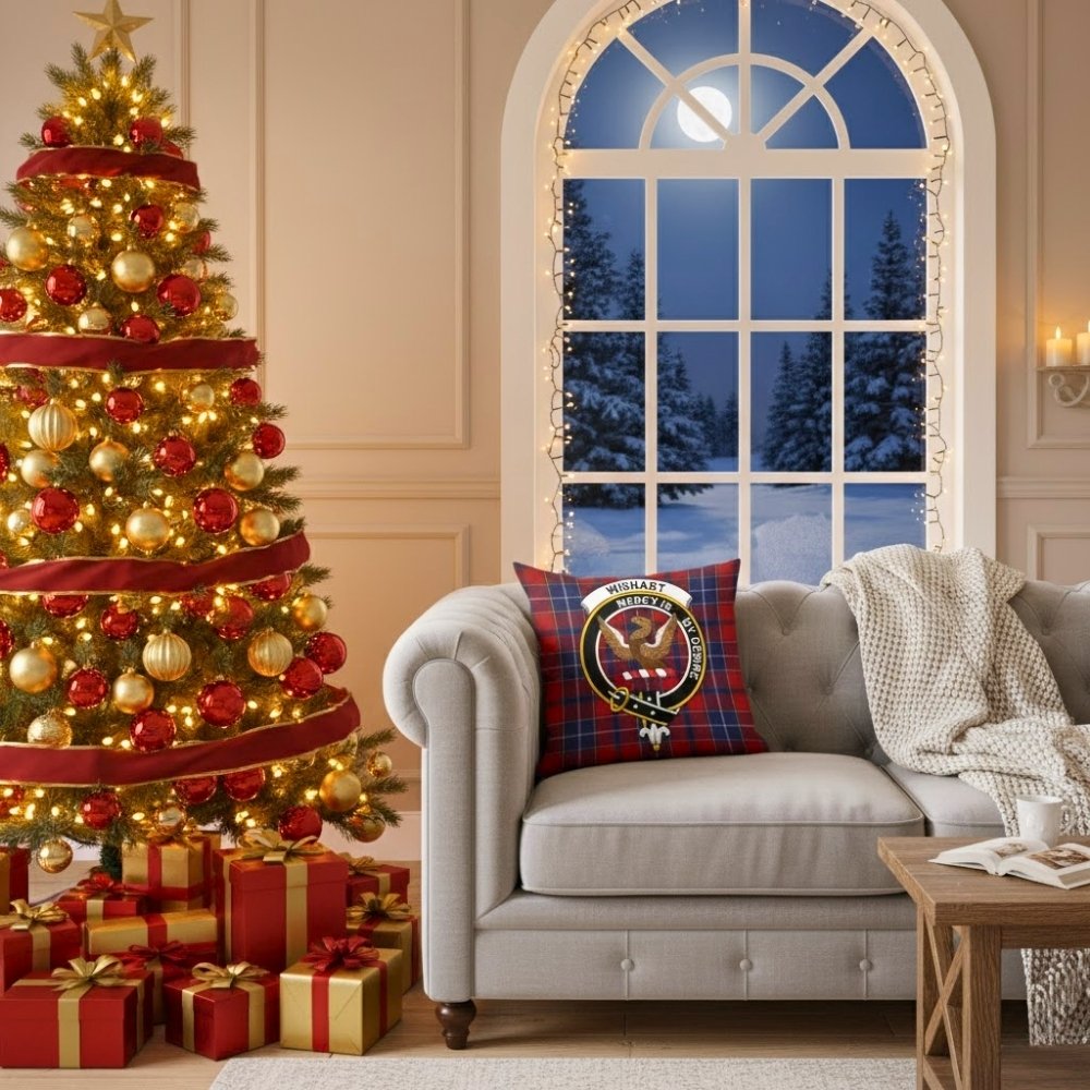 Elegant living room with red and gold Christmas tree, wrapped presents, and a tartan pillow adding festive charm to a cozy beige sofa.