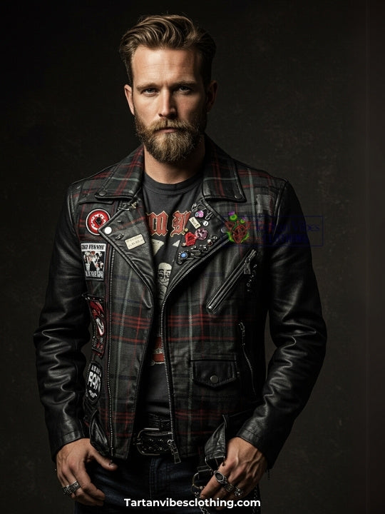 Tartan punk rock jacket with leather, studs, and DIY patches.