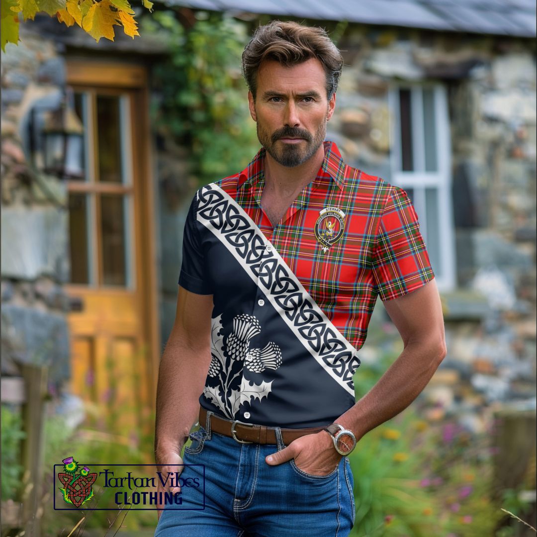 BStewart (Stuart) Tartan Short Sleeve Button Shirt Featuring Thistle and Scotland Map