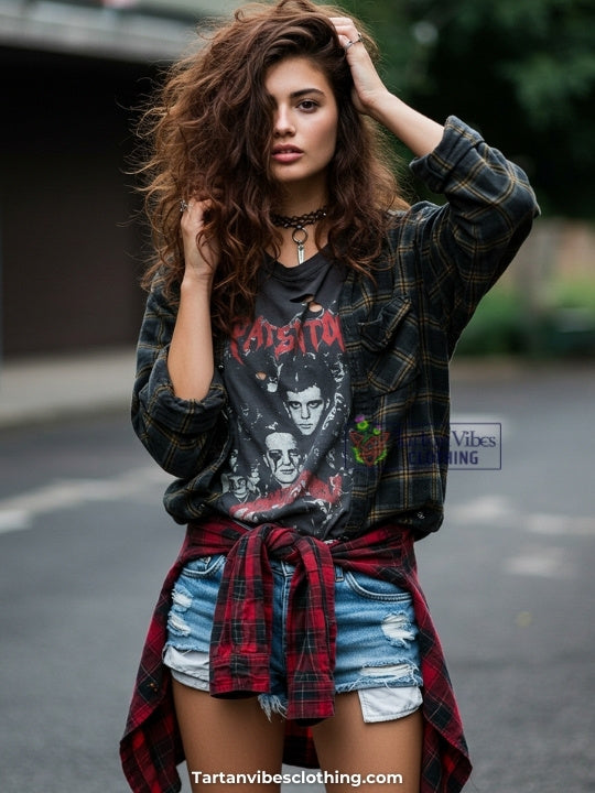 Tartan shirt tied at the waist adds a punk rock edge to the look