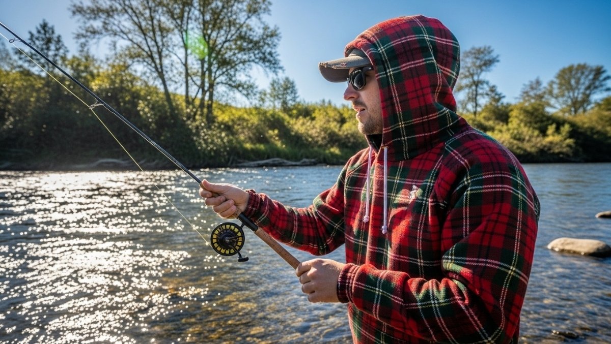 Tartan fishing hoodie shields you from harsh sunlight while diffusing glare for clearer vision on the water.