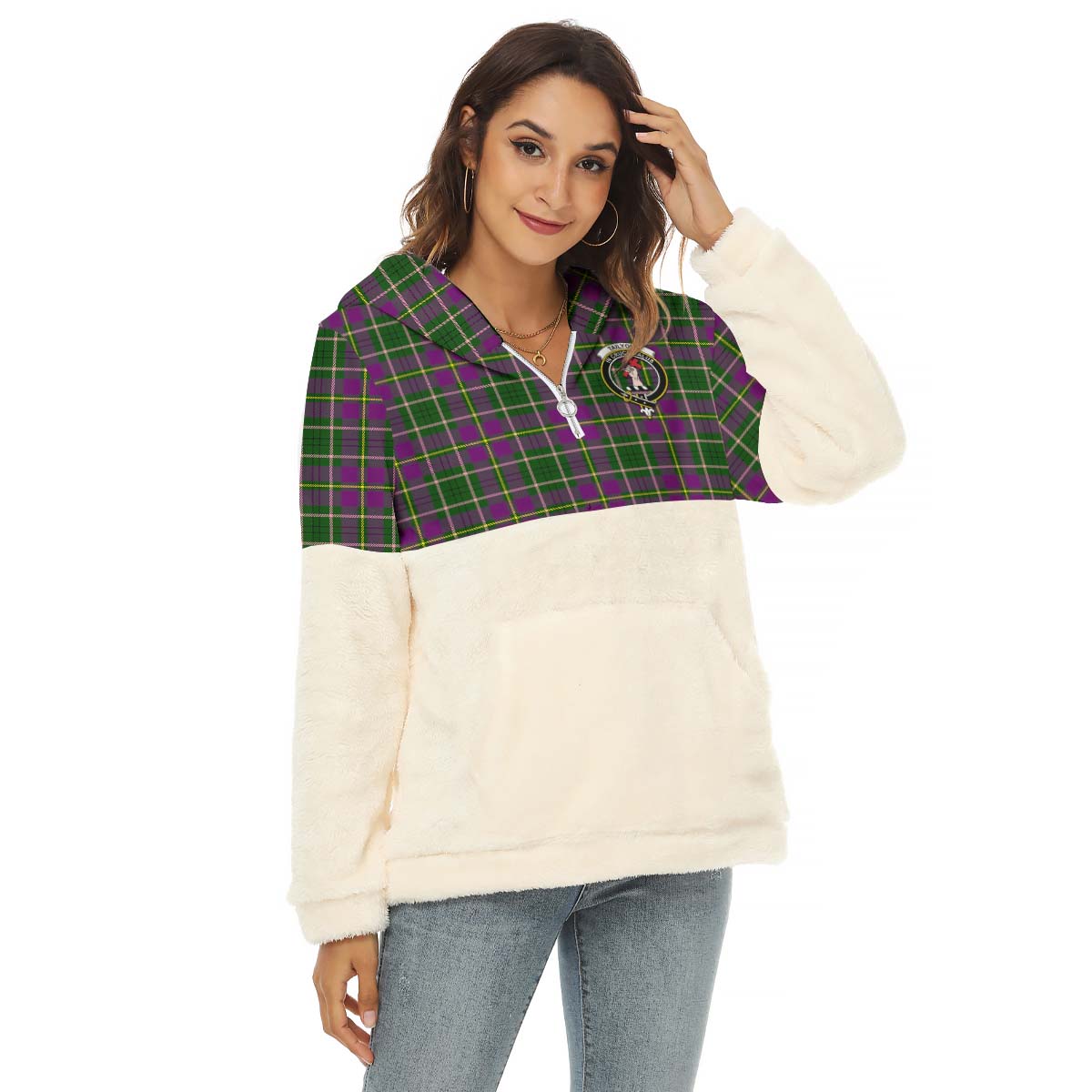 taylor-tartan-womens-borg-fleece-hoodie-with-half-zip-with-family-crest