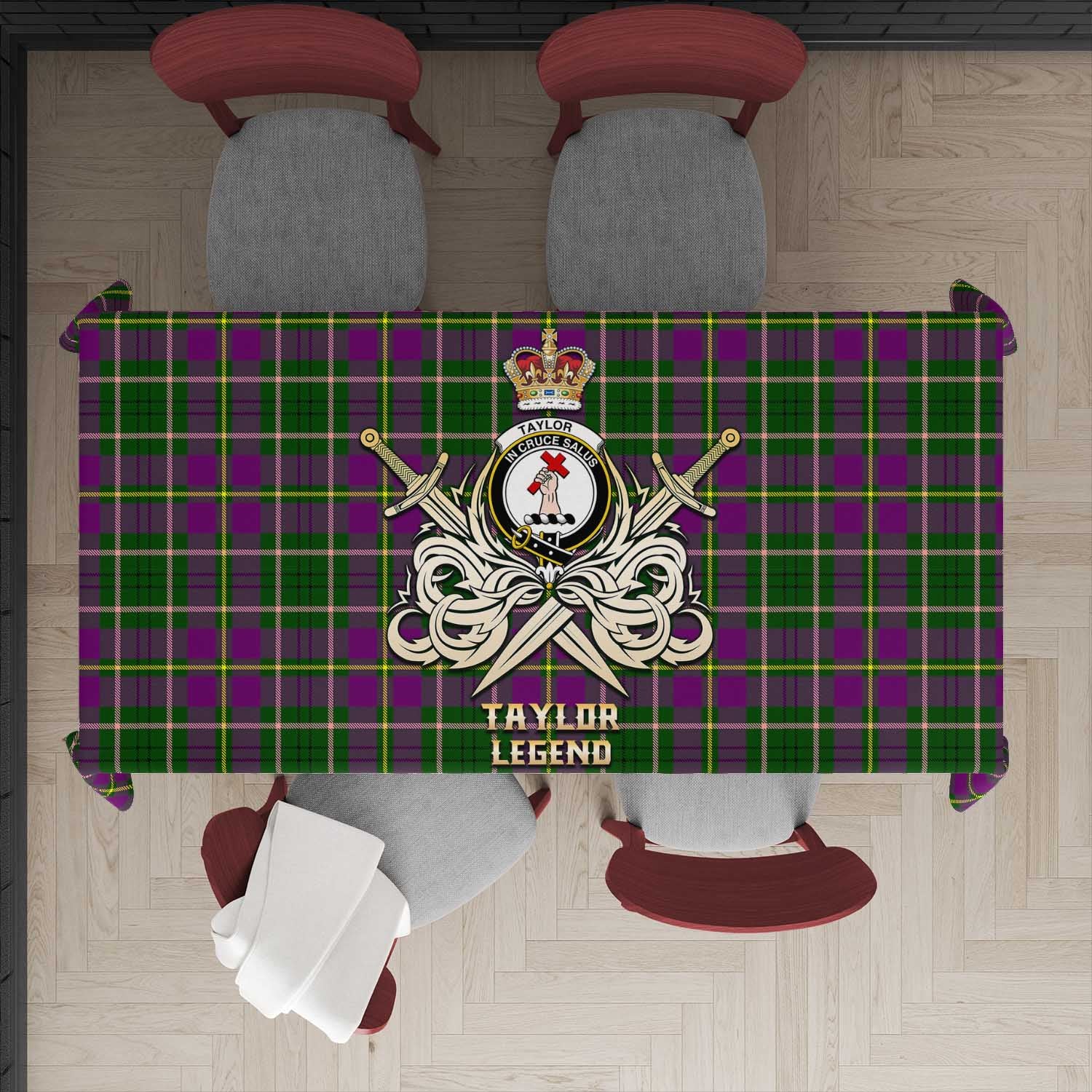 Tartan Vibes Clothing Taylor Tartan Tablecloth with Clan Crest and the Golden Sword of Courageous Legacy