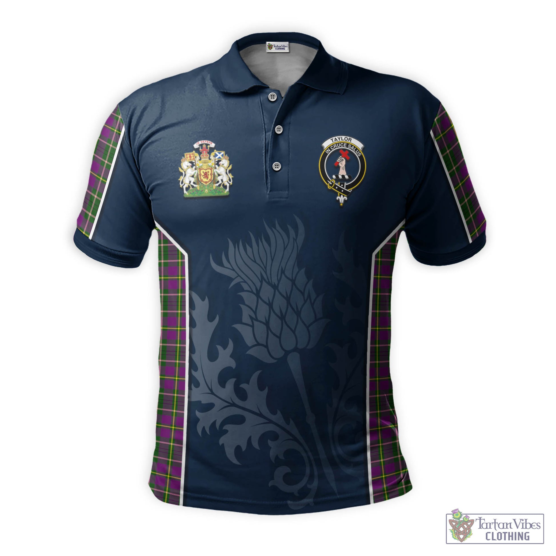Tartan Vibes Clothing Taylor Tartan Men's Polo Shirt with Family Crest and Scottish Thistle Vibes Sport Style