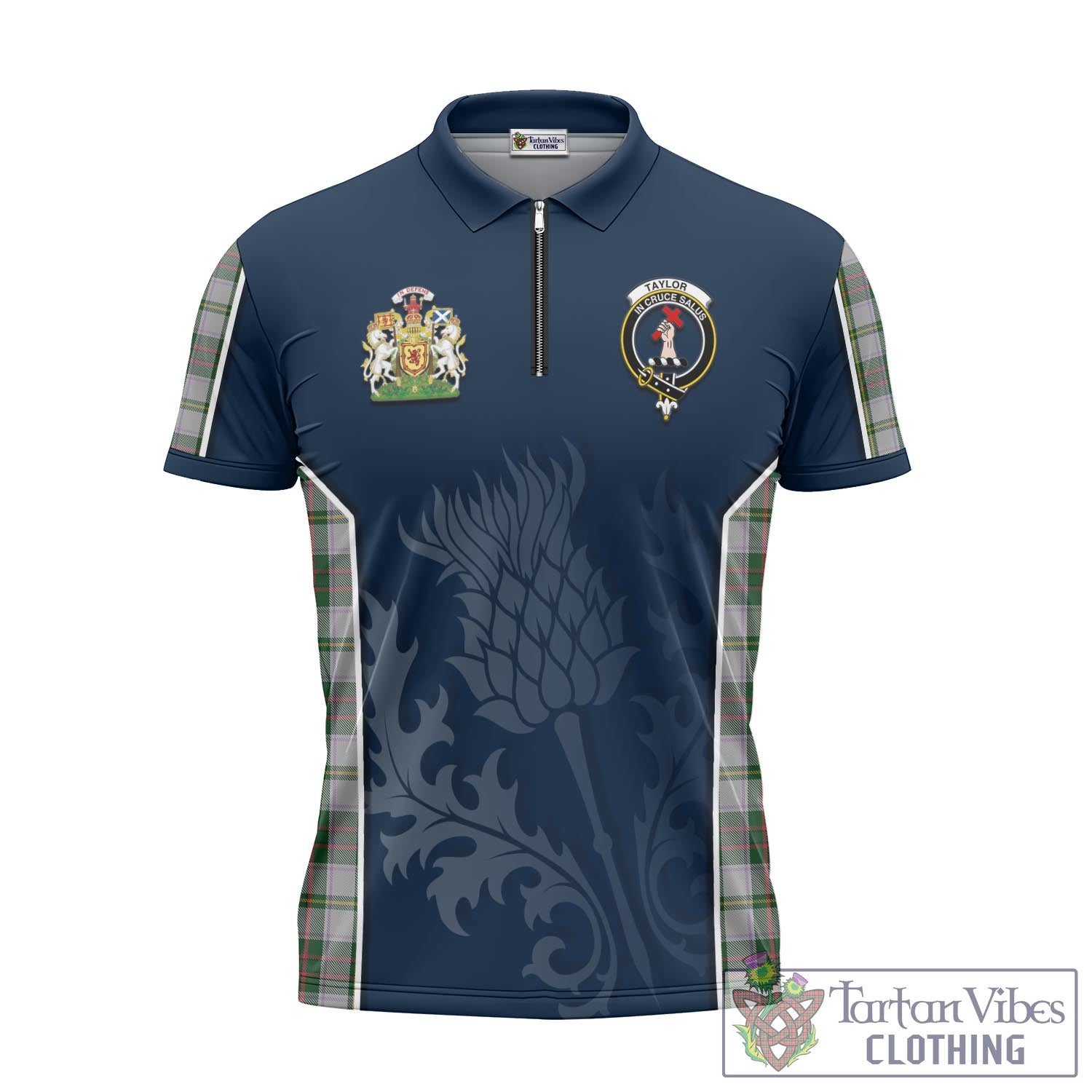 Tartan Vibes Clothing Taylor Dress Tartan Zipper Polo Shirt with Family Crest and Scottish Thistle Vibes Sport Style