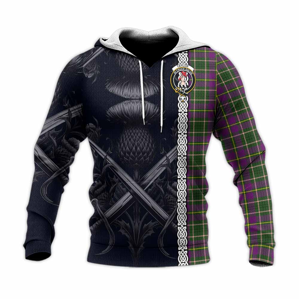 Tartan Vibes Clothing Taylor (Tailylour) Tartan Knitted Hoodie with Family Crest Cross Sword Thistle Celtic Vibes
