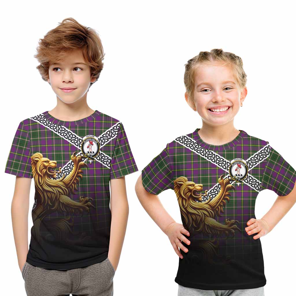 Tartan Vibes Clothing Taylor (Tailylour) Crest Tartan Kid T-Shirt with Golden Lion Emblem Celtic Style