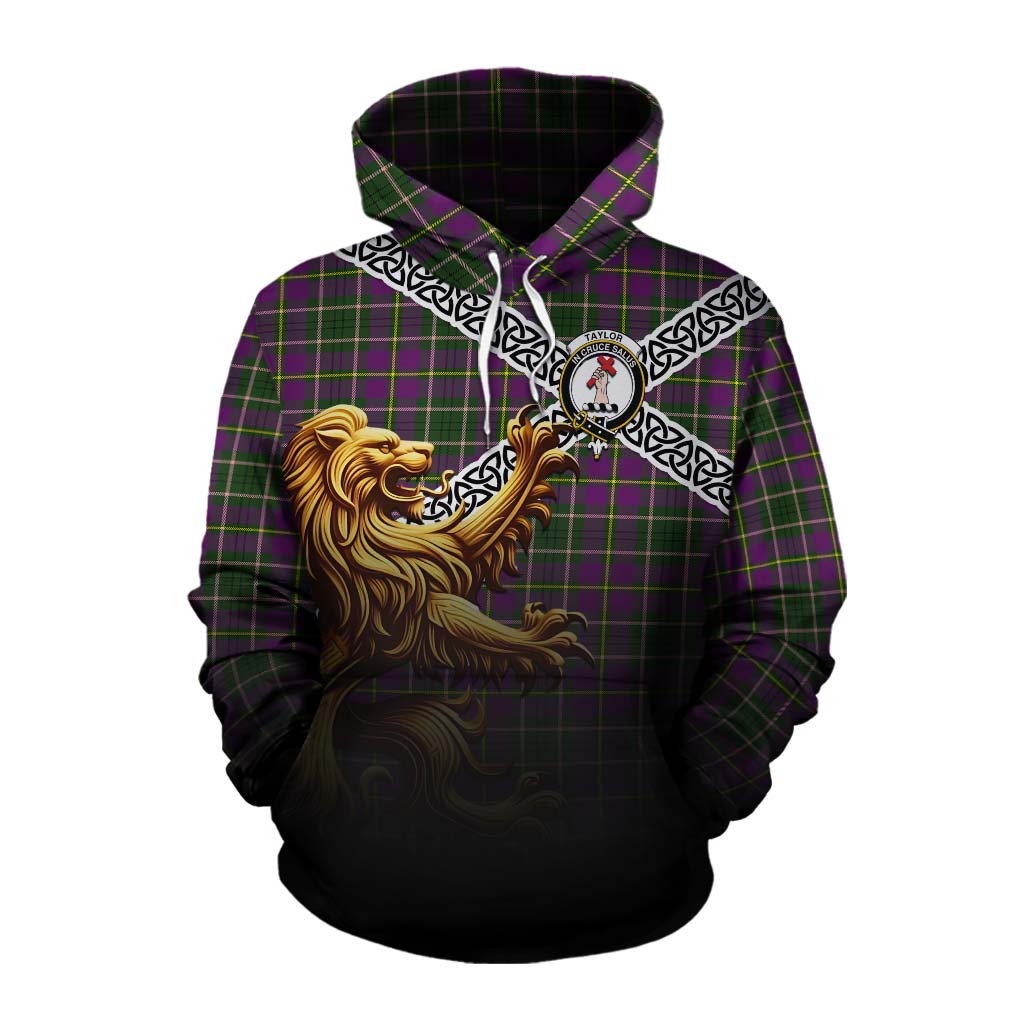 Tartan Vibes Clothing Taylor (Tailylour) Crest Tartan Cotton Hoodie with Golden Lion Emblem Celtic Style