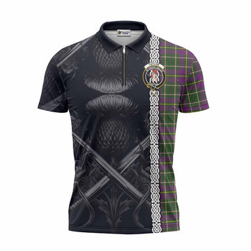 Taylor (Tailyour) Tartan Zipper Polo Shirt with Family Crest Cross Sword Thistle Celtic Vibes