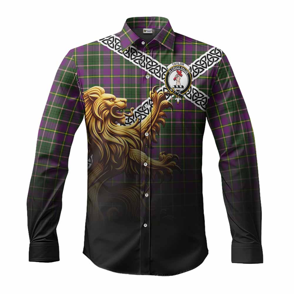 Tartan Vibes Clothing Taylor (Tailylour) Crest Tartan Long Sleeve Button Shirt with Golden Lion Emblem Celtic Style