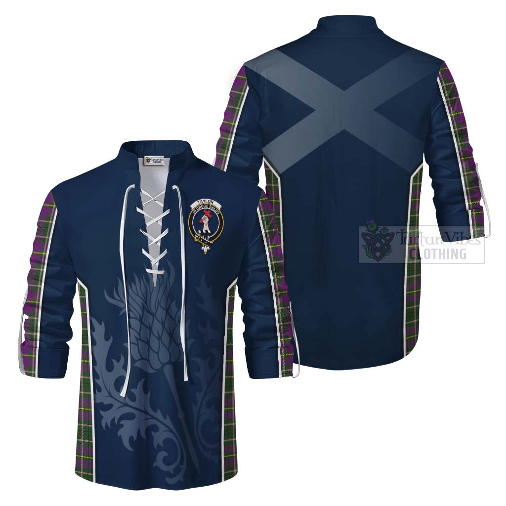 Tartan Vibes Clothing Taylor (Tailylour) Tartan Ghillie Kilt Shirt with Family Crest and Scottish Thistle Vibes Sport Style