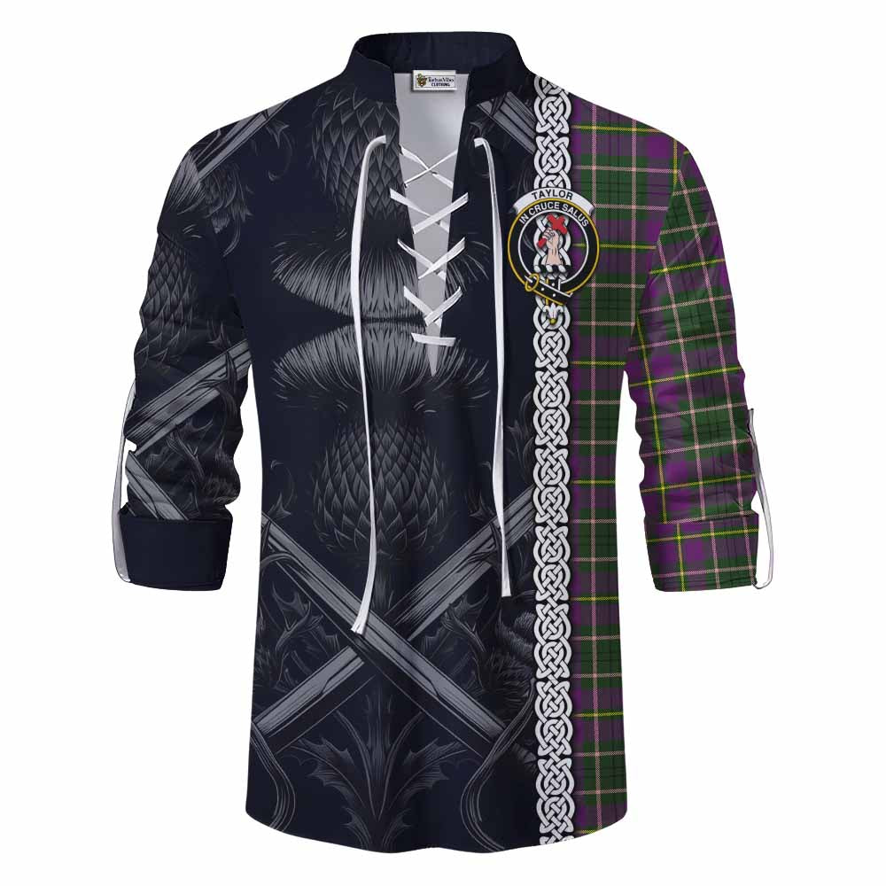 Tartan Vibes Clothing Taylor (Tailylour) Tartan Ghillie Kilt Shirt with Family Crest Cross Sword Thistle Celtic Vibes