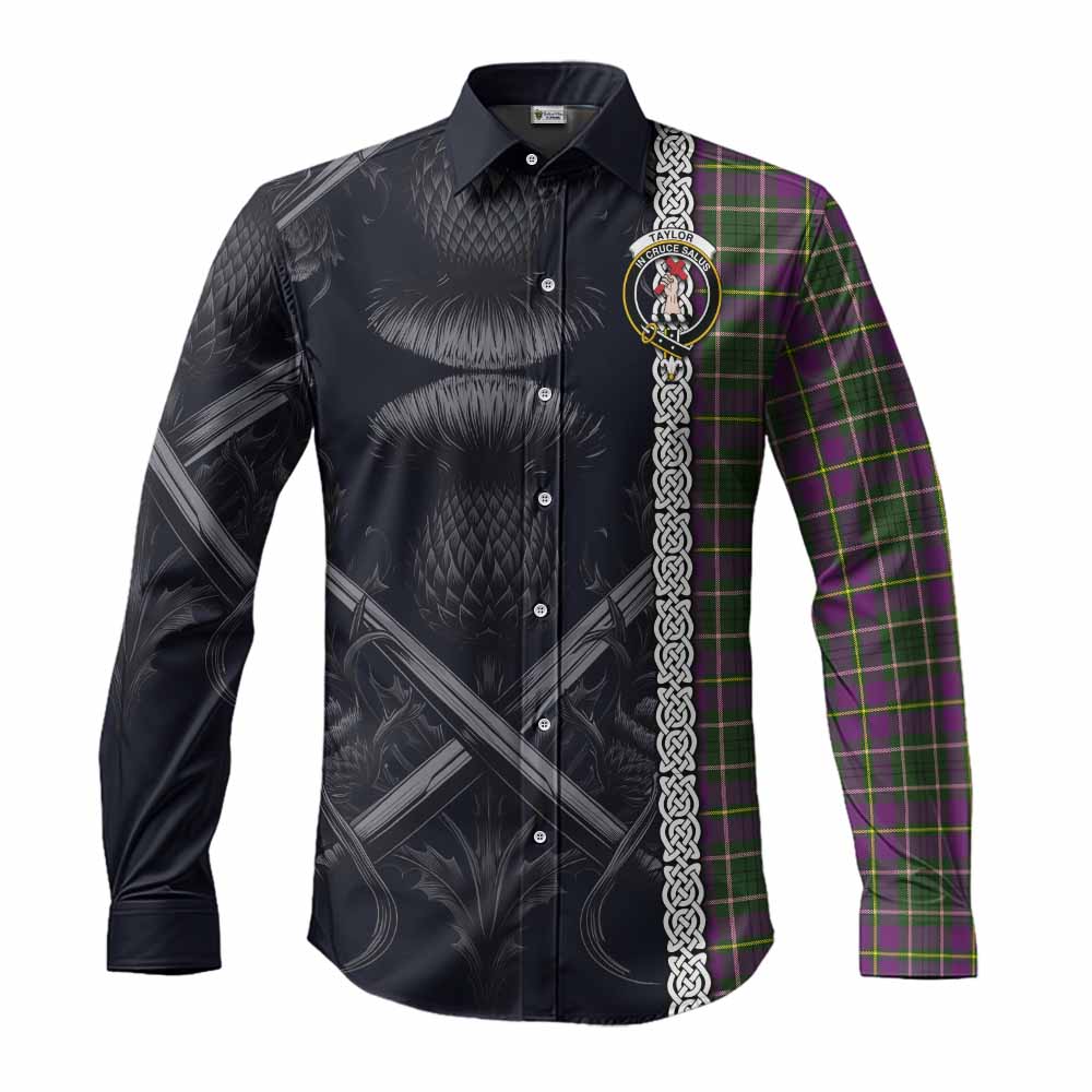 Tartan Vibes Clothing Taylor (Tailylour) Tartan Long Sleeve Button Shirt with Family Crest Cross Sword Thistle Celtic Vibes