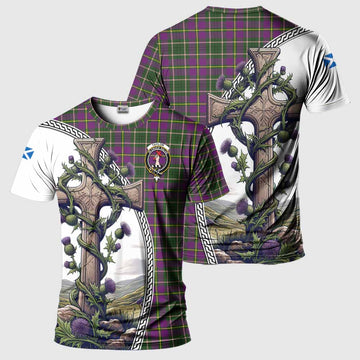 Taylor (Tailyour) Tartan T-Shirt with Family Crest and St. Andrew's Cross Accented by Thistle Vines