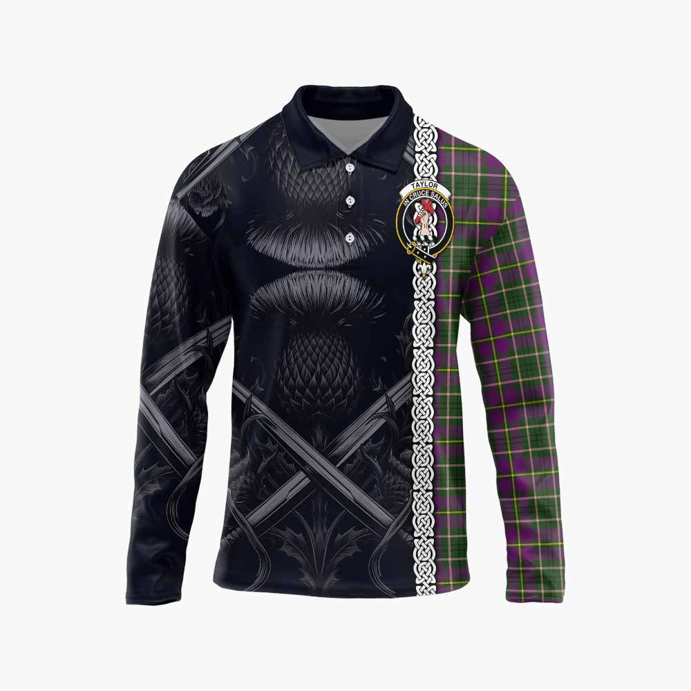 Tartan Vibes Clothing Taylor (Tailylour) Tartan Long Sleeve Polo Shirt with Family Crest Cross Sword Thistle Celtic Vibes