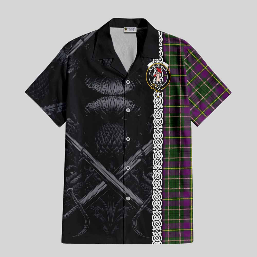 Tartan Vibes Clothing Taylor (Tailylour) Tartan Short Sleeve Button Shirt with Family Crest Cross Sword Thistle Celtic Vibes