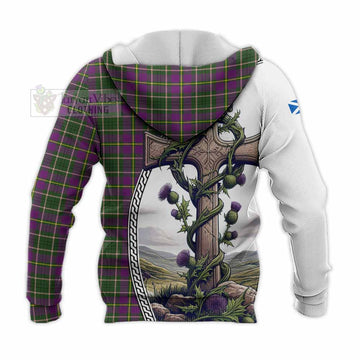 Taylor (Tailyour) Tartan Knitted Hoodie with Family Crest and St. Andrew's Cross Accented by Thistle Vines