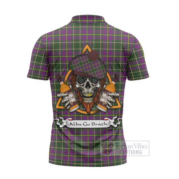 Taylor (Tailyour) Tartan Zipper Polo Shirt with Family Crest and Bearded Skull Holding Bottles of Whiskey