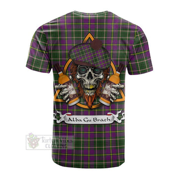 Taylor (Tailyour) Tartan Cotton T-shirt with Family Crest and Bearded Skull Holding Bottles of Whiskey