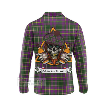 Taylor (Tailyour) Tartan Long Sleeve Polo Shirt with Family Crest and Bearded Skull Holding Bottles of Whiskey