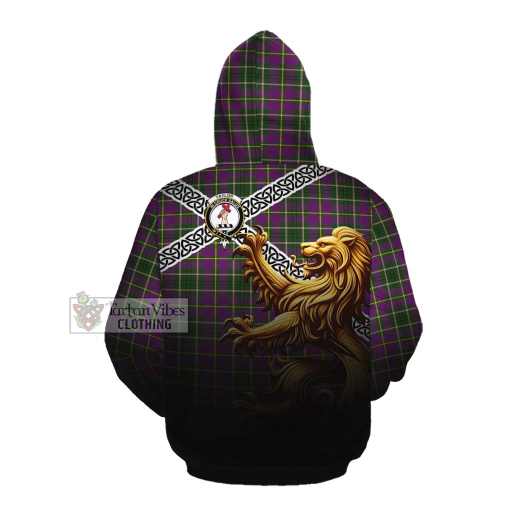 Tartan Vibes Clothing Taylor (Tailylour) Crest Tartan Cotton Hoodie with Golden Lion Emblem Celtic Style