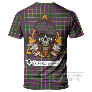 Tartan Vibes Clothing Taylor (Tailylour) Tartan T-Shirt with Family Crest and Bearded Skull Holding Bottles of Whiskey