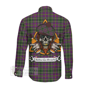Taylor (Tailyour) Tartan Long Sleeve Button Shirt with Family Crest and Bearded Skull Holding Bottles of Whiskey