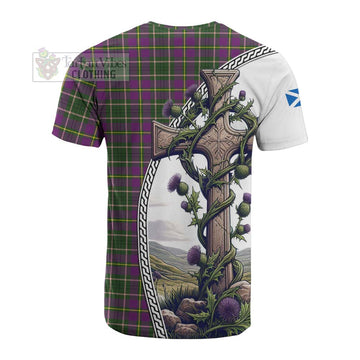 Taylor (Tailyour) Tartan Cotton T-shirt with Family Crest and St. Andrew's Cross Accented by Thistle Vines