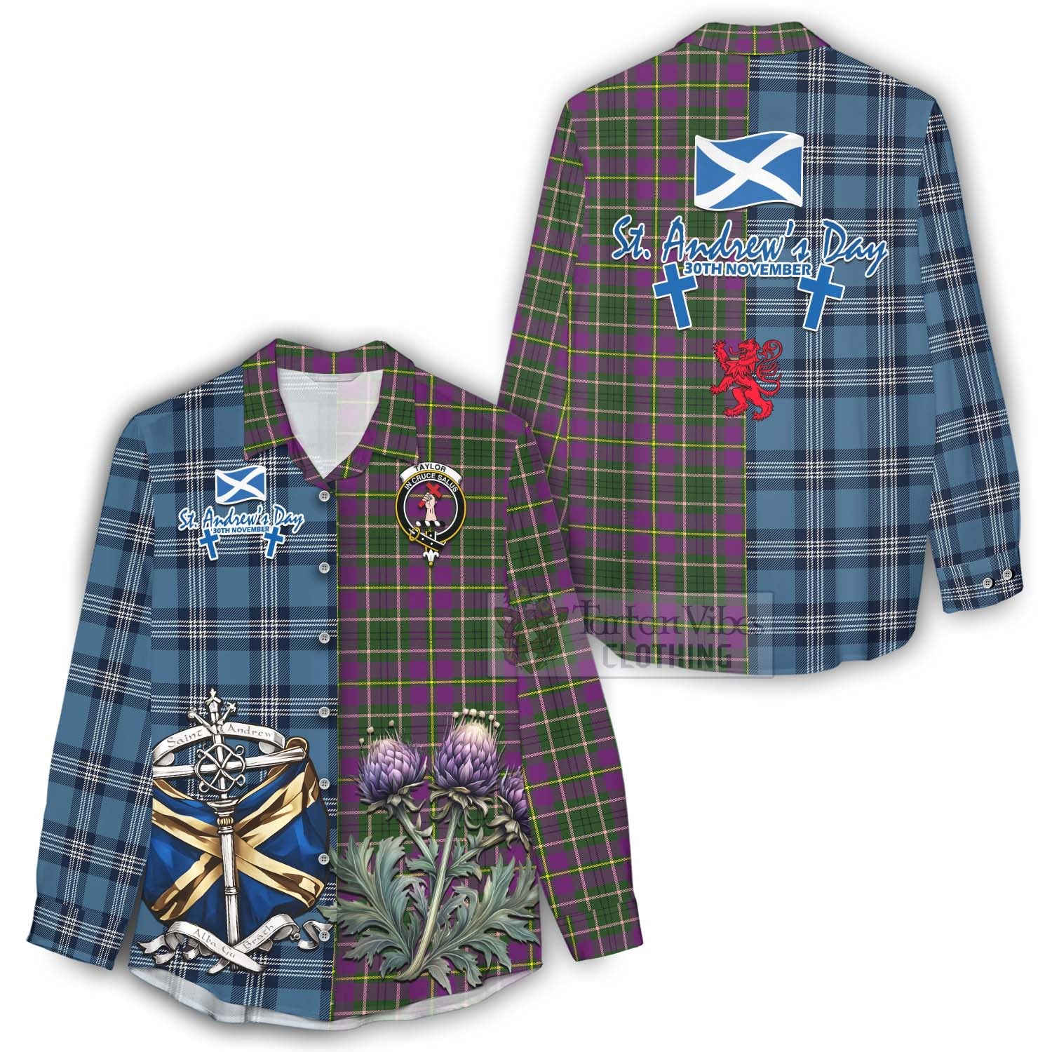 Tartan Vibes Clothing Taylor (Tailylour) Tartan Women's Casual Shirt Happy St. Andrew's Day Half Tartan Style