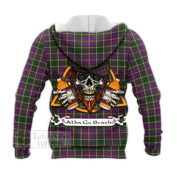 Taylor (Tailyour) Tartan Knitted Hoodie with Family Crest and Bearded Skull Holding Bottles of Whiskey