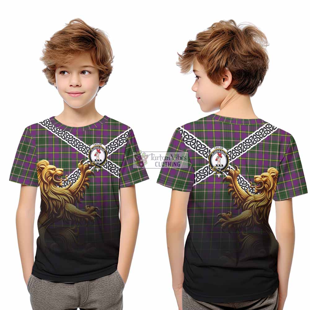 Tartan Vibes Clothing Taylor (Tailylour) Crest Tartan Kid T-Shirt with Golden Lion Emblem Celtic Style