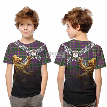 Tartan Vibes Clothing Taylor (Tailylour) Crest Tartan Kid T-Shirt with Golden Lion Emblem Celtic Style
